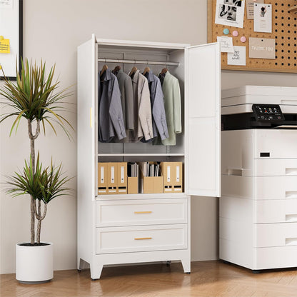 71" Metal Wardrobe Closet with 2 Drawers & Hanging Rod, Freestanding Armoire Storage Cabinet with Adjustable Shelf and 2 Doors, White Steel Closet Organizer for Bedroom