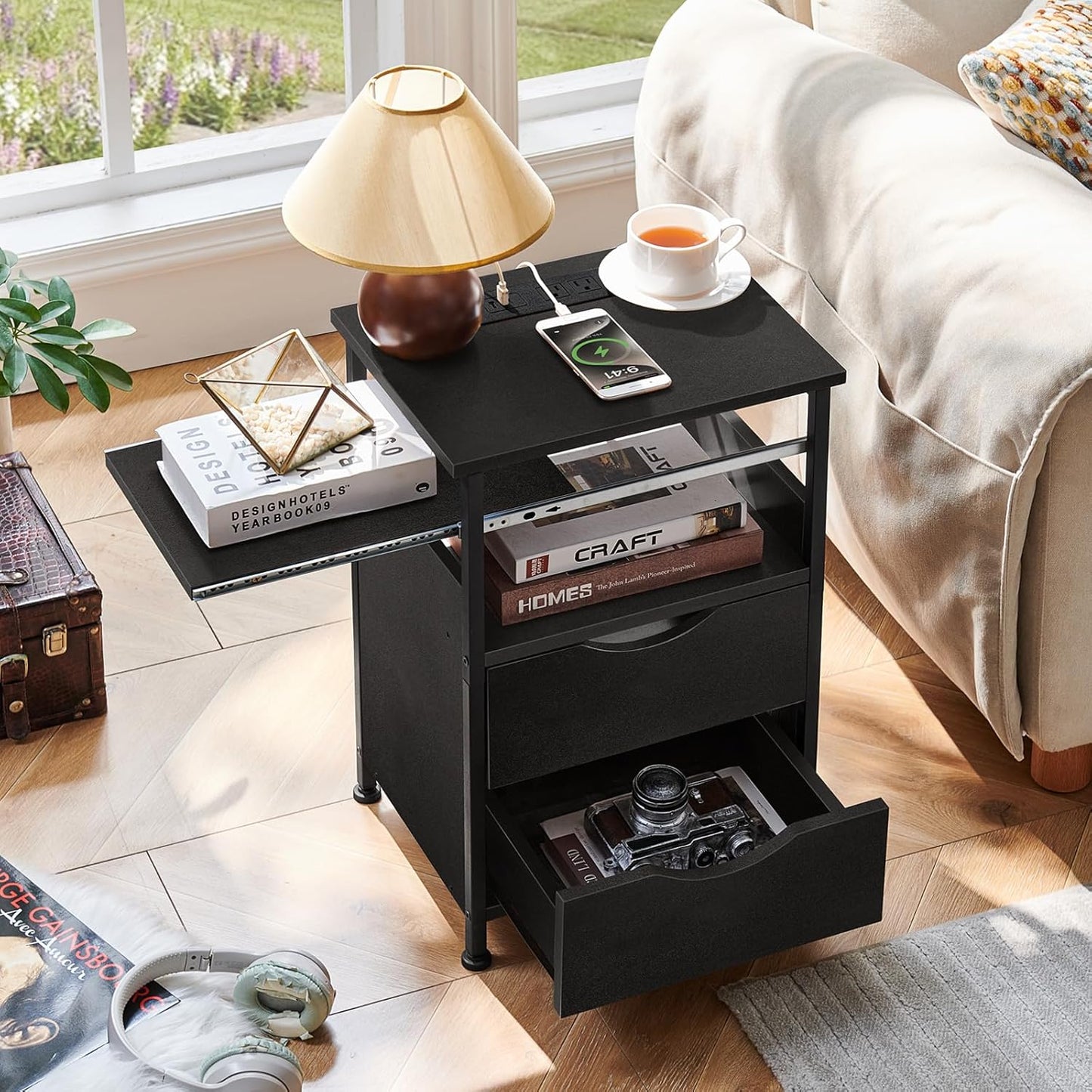 End Table with Charging Station, Narrow Side Table with 2 Drawers, Nightstand with 7 Color LED Light, Slim Bedside Table for Bedroom, Living Room, Small Spaces, Black