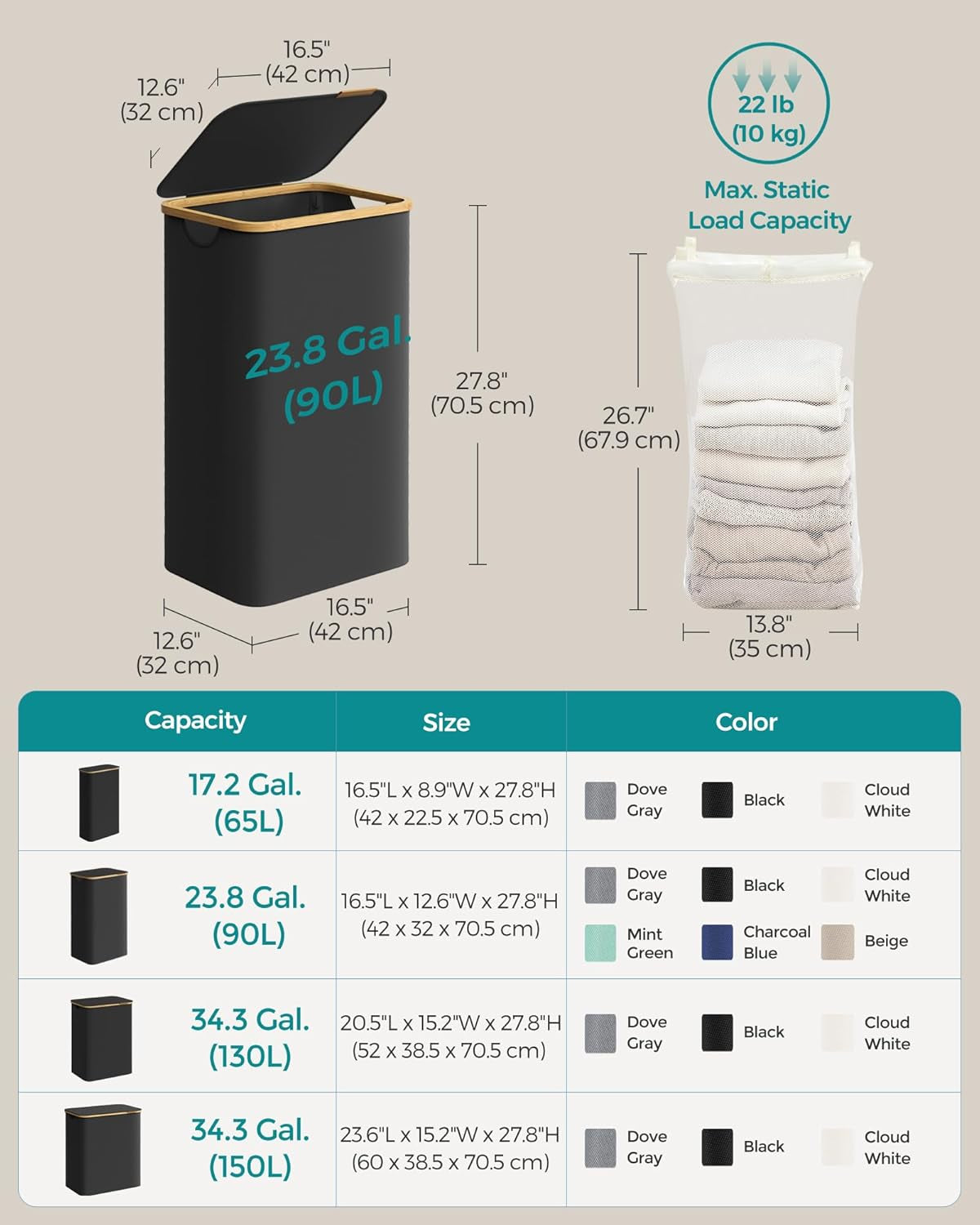 Laundry Hamper with Lid, Large Laundry Basket, 23.8 Gallons (90L), Removable Mesh Liner, Bamboo Handles, Collapsible, 16.5 X 12.6 X 27.8 Inches, Ink Black ULCB509B01