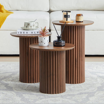 Round Nesting Coffee Table Set of 3,Mid Century Modern Fluted Coffee and End Table Set,Small Circle Wooden Side Table Drink Table for Living Room (Walnut)
