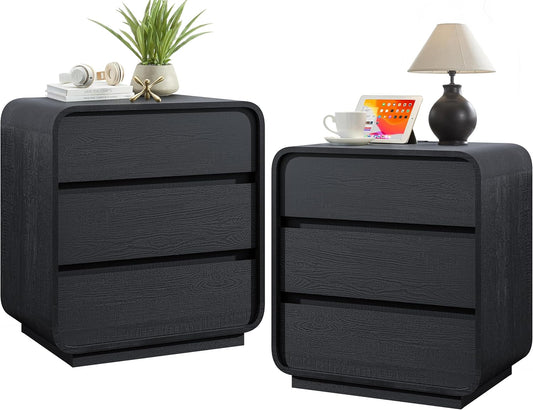 Black Night Stand Set of 2 with Charging Station, 25" Tall Wood Nightstand, Modern Dresser End Table with 3 Storage Drawers, Curved Profile, Mid Century Bedside Table for Bedroom Office