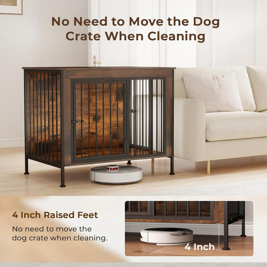 40 Inch Dog Crate Furniture for Medium and Large Dogs, Chew-Resistant Wooden Dog Kennel Furniture, Stylish Indoor End Table Dog Cage with Double Doors and Raised Feet