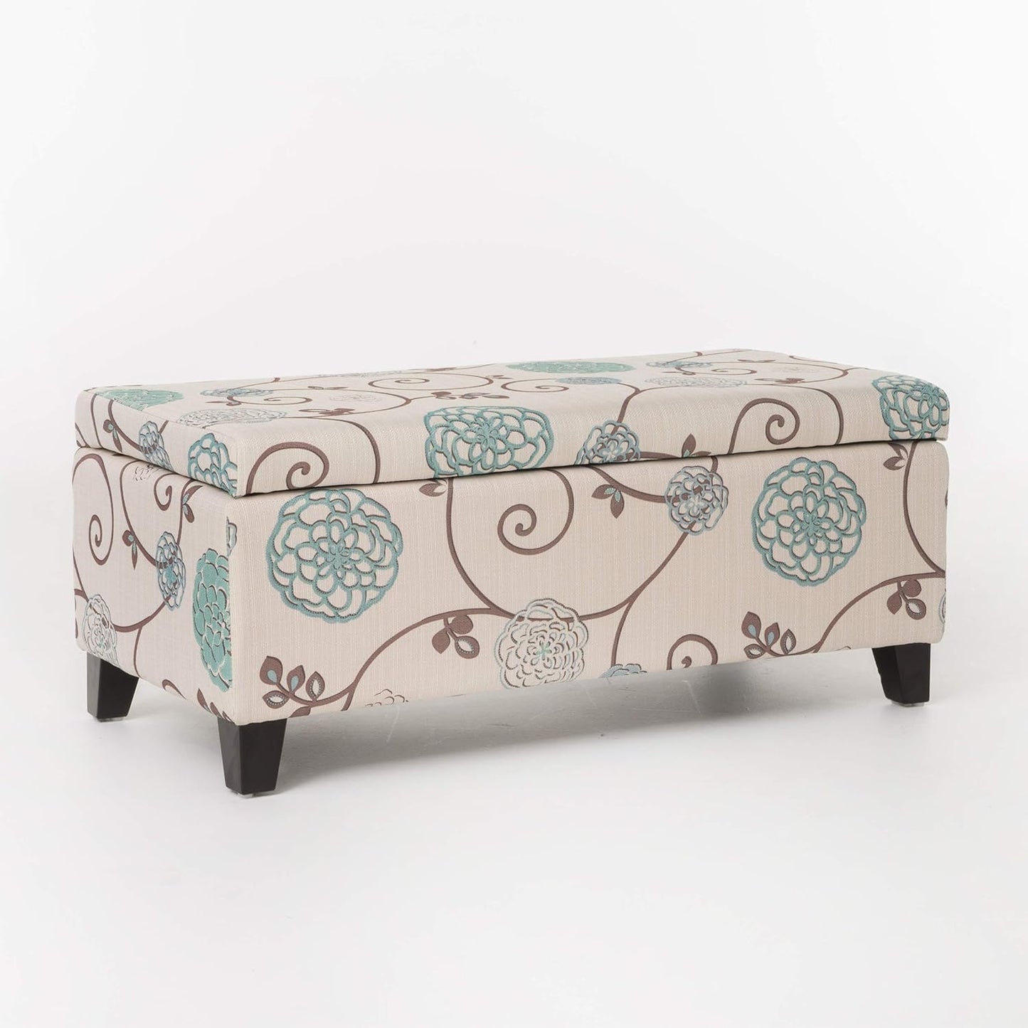 Breanna Fabric Storage Ottoman, White and Blue Floral