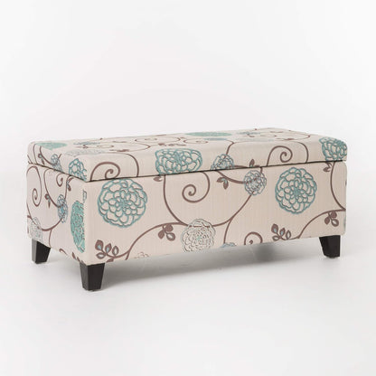 Breanna Fabric Storage Ottoman, White and Blue Floral