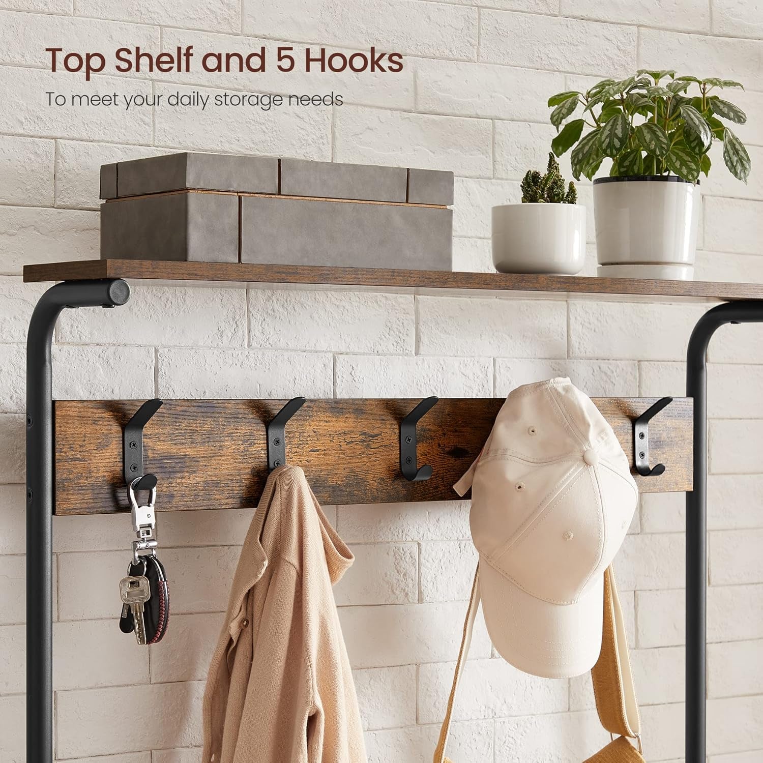 Hall Tree with Shoe Bench, Coat Rack Shoe Bench, 5-Tier Shoe Rack Different Heights, 5 Dual Hooks, Top Shelf, Entryway Organizer, Hallway Bedroom Dorm, Rustic Brown and Black UHSR408B01