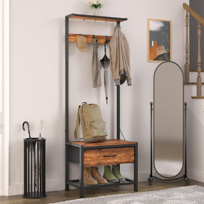 Hall Tree with Shoes Bench, Small Coat Rack with Fabirc Drawer and Shelf for Bedroom, 4-In-1 Entryway Organizer with Shoes Stool for Living Room, Entryway, Closets (Rustic Brown)