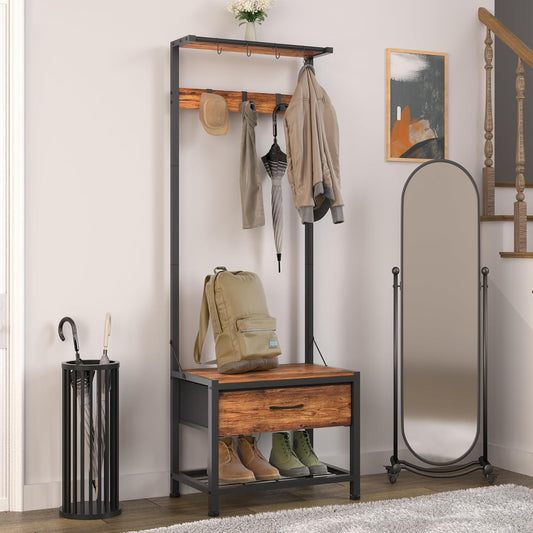 Hall Tree with Shoes Bench, Small Coat Rack with Fabirc Drawer and Shelf for Bedroom, 4-In-1 Entryway Organizer with Shoes Stool for Living Room, Entryway, Closets (Rustic Brown)