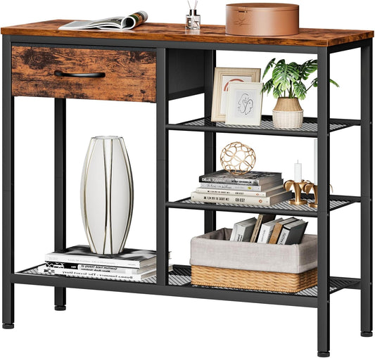 Entryway Table Industrial 31.5" Sofa Console Table with Metal Mesh Shelf,Storage Fabric Drawer 4-Tier Shoe Rack Side Furniture for Front Door,Foyer Wooden Top, Sturdy Steel Frame,Rustic Brown