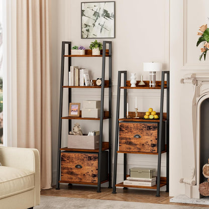 5-Tier Ladder Shelf, Ladder Bookshelf with Removable Drawer, Rustic Bookcase Storage Rack Organizer, Wood Metal Freestanding Storage Shelf for Living Room, Home Office, Bedroom, Balcony