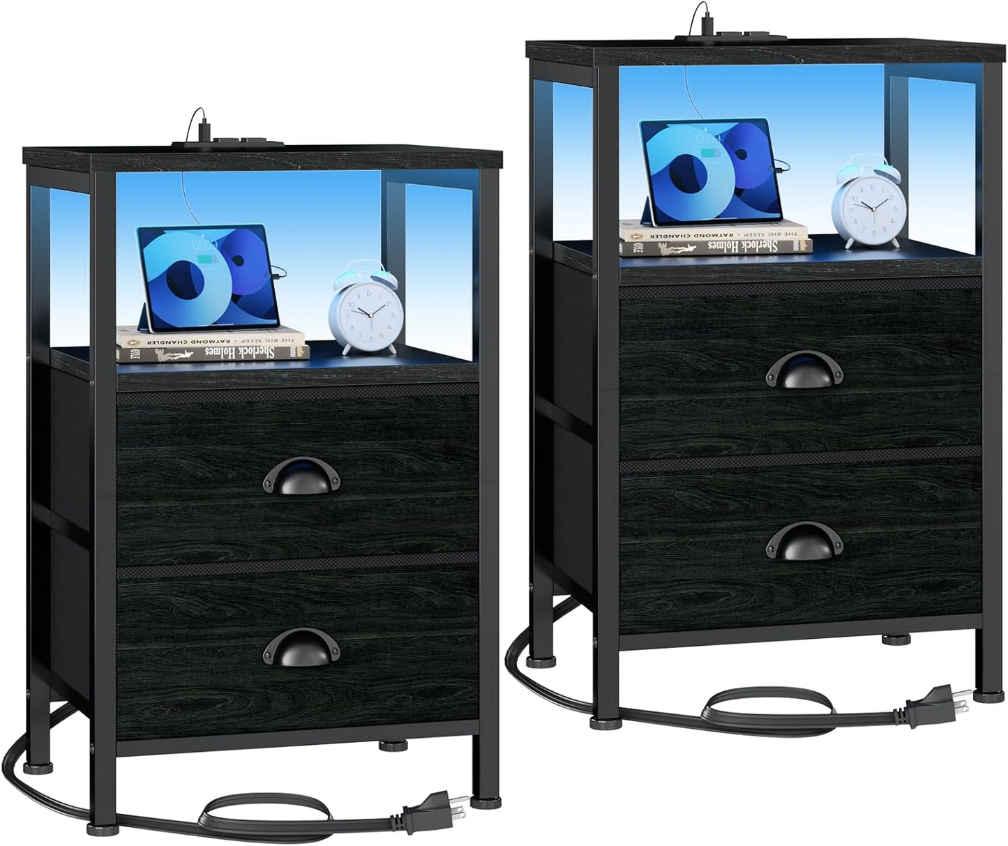 Nightstands Set of 2, End Tables with Charging Station and LED Lights, Black Night Stands with 2 Fabric Drawers, Bedside Tables Set of 2 for Living Room/Bedroom,Black Oak