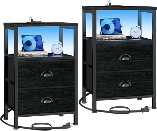 Nightstands Set of 2, End Tables with Charging Station and LED Lights, Black Night Stands with 2 Fabric Drawers, Bedside Tables Set of 2 for Living Room/Bedroom,Black Oak