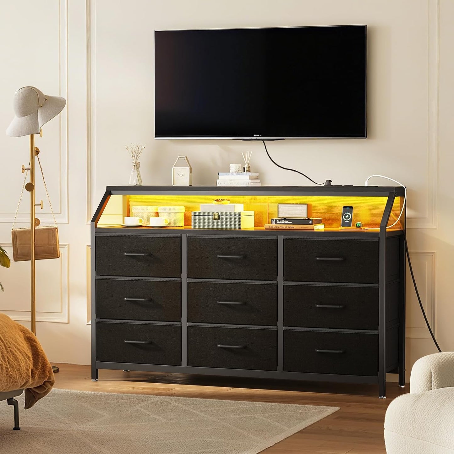 55" Wide 9-Drawer Dresser for Bedroom with LED Lights and Charging Station, Fabric Dressers & Storage Chest of Drawers with Shelves for Closet, Black