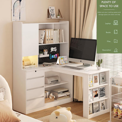 Home Office Desks with Drawers Bookcase,L Shaped Modern Wooden Gaming Computer Table for Work Study Writing,Right Side Corner Desk,White