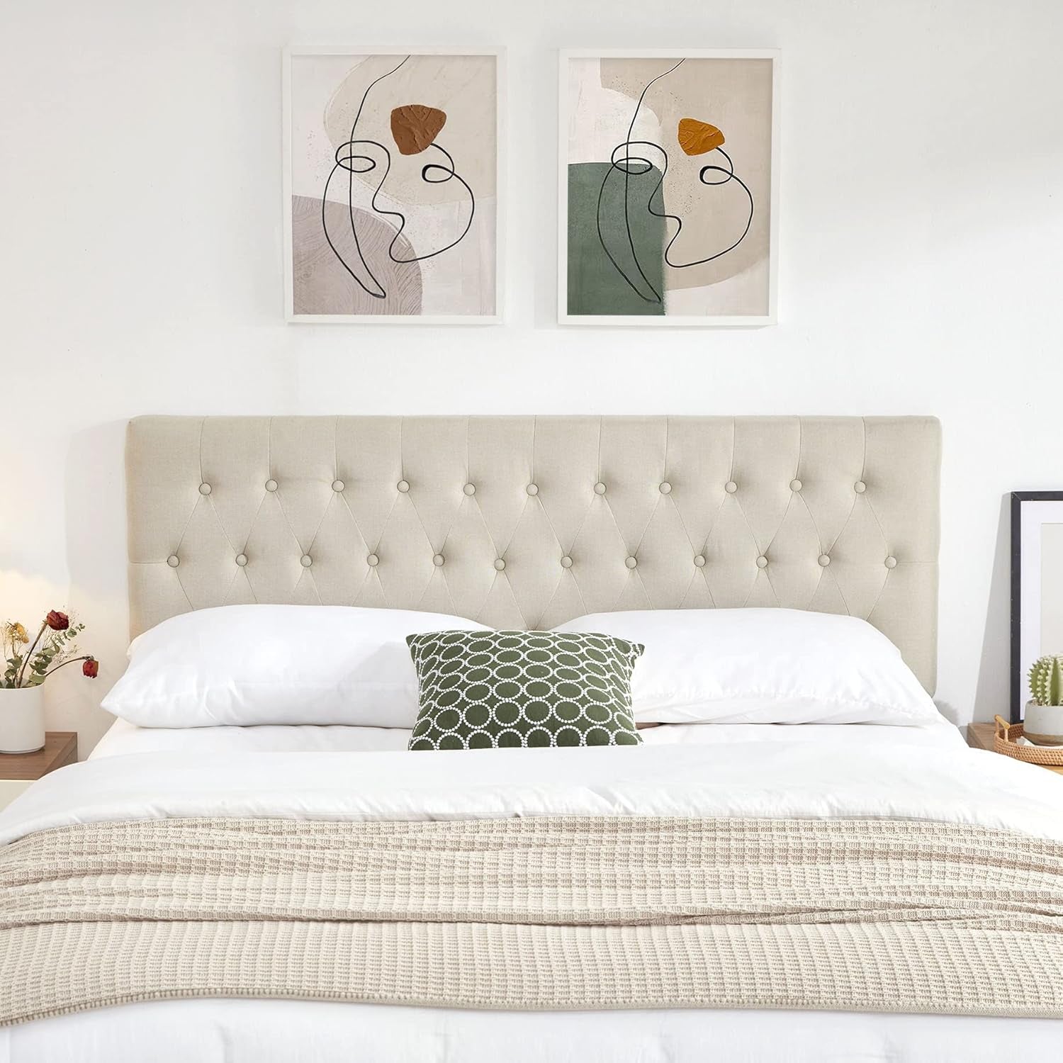 Headboards for King Size Bed in Modern Button Design, Premium Linen Fabric Upholstered Tufted Bed Headboard, Adjustable Solid Wood Head Board, Beige