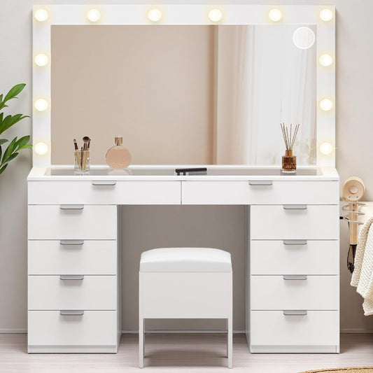 Vanity Desk Set with Mirror & Power Outlets, Vanity Table with Stool, 12 LED Bulbs, 3 Dimmable Light Colors, 10 Drawers, Hair Dryer Rack & Magnifying Mirror