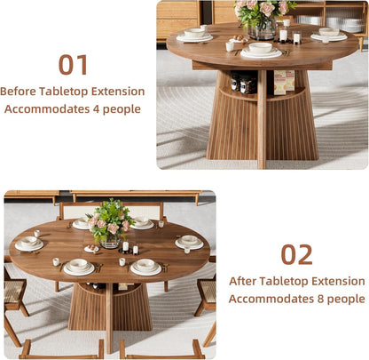 43.3In-59In Extendable Dining Room Table for 4-8, round Expandable Kitchen Table with Fluted Base, Modern Oval Dinner Tables with 4 Storage Shelves for Kitchen Living Room (Black, 43.3In)