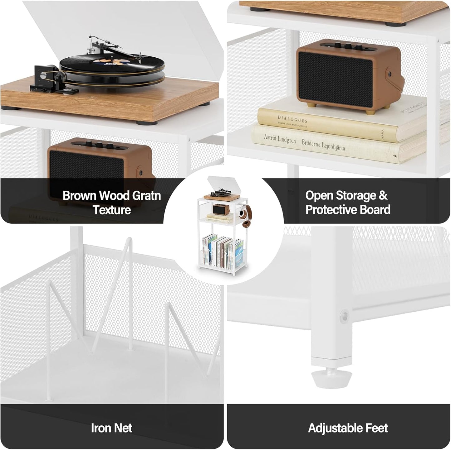 3 Tier End Table,Record Player Stand with Storage up to 100 Albums,Turntable Stand for Vinyl,White Records Shelf for Living Room Bedroom