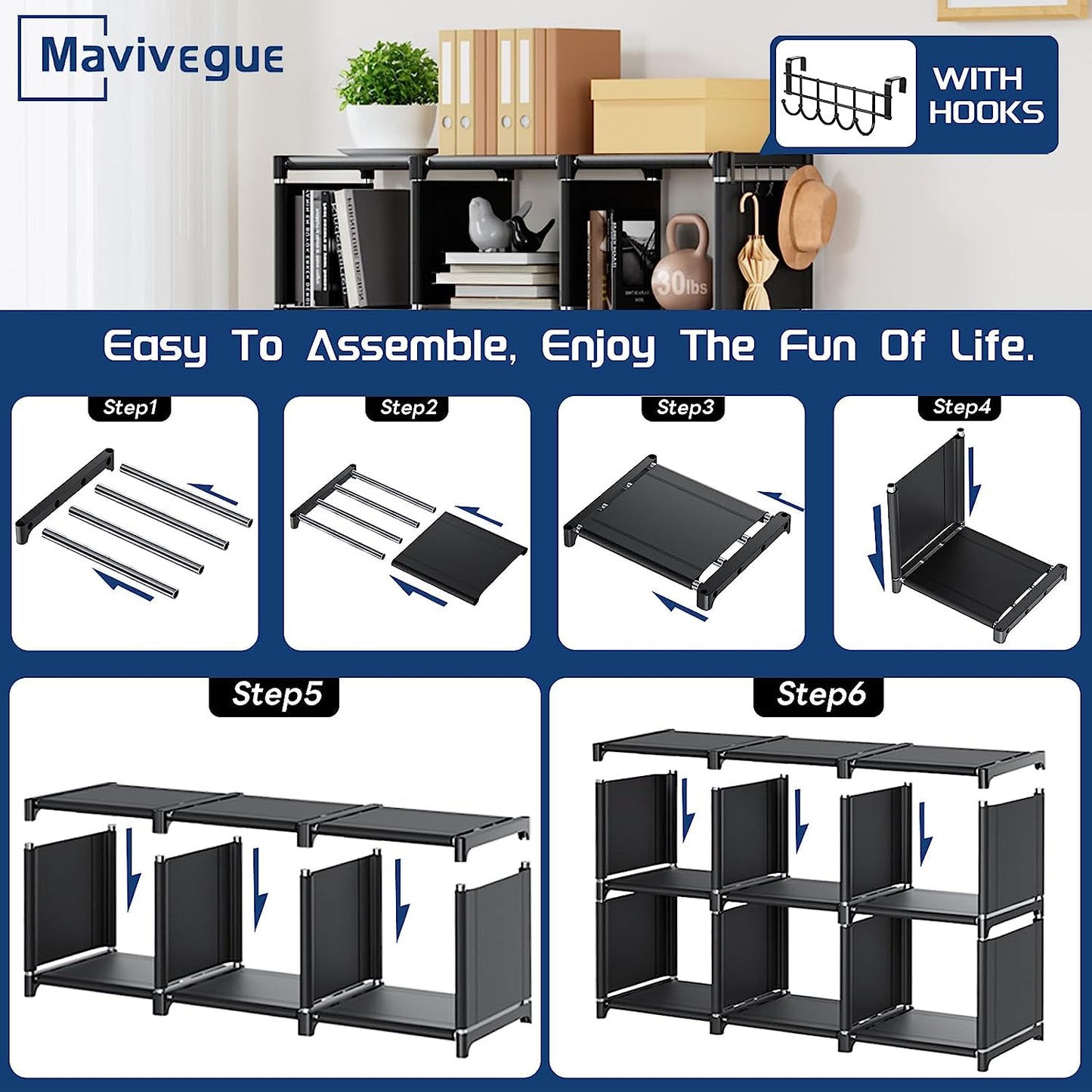 Book Shelf, 12 Cube Storage Organizer, DIY Bookcase, Metal Bookshelf,Tall Book Case for Bedroom, Living Room,Office,Closet, Black Cubicle Rack