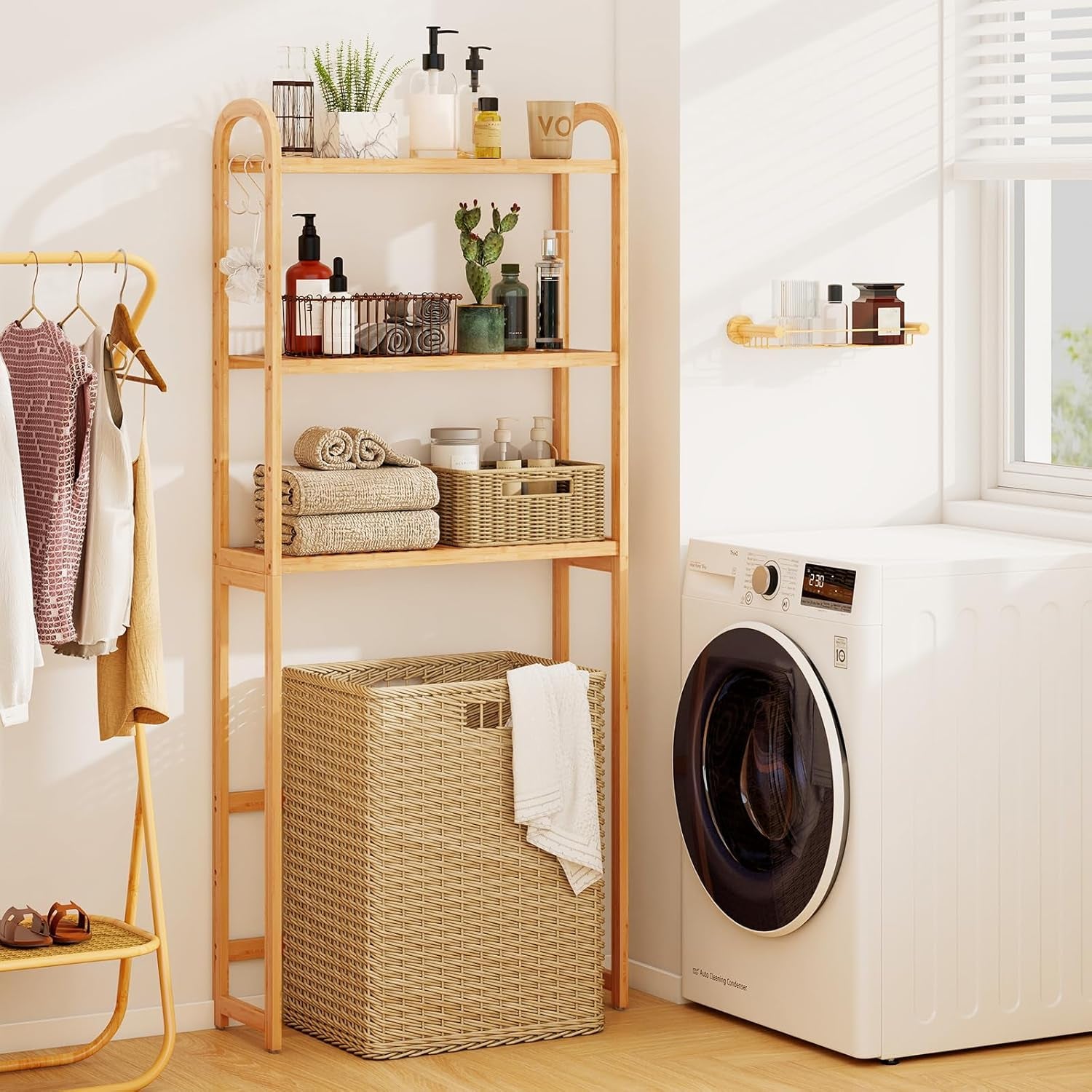 over the Toilet Storage Cabinet, 3-Tier Bamboo Bathroom Shelves over Toilet W/3 Hooks, Adjustable Shelves & Waterproof Feet Pad, over Toilet Bathroom Organizer for Laundry, Balcony, Restroom
