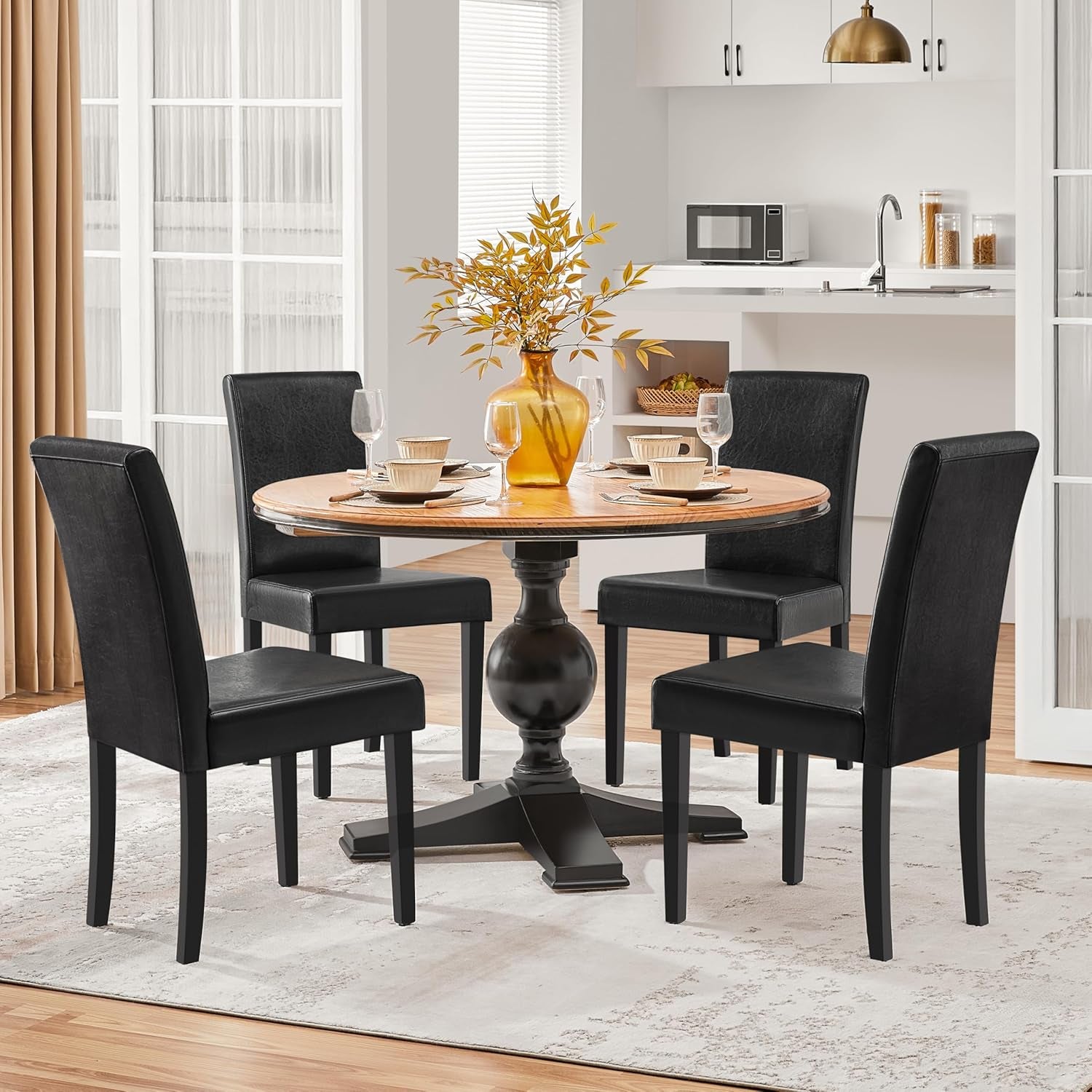 Dining Chairs Set of 4 PU Leather Upholstered Parsons Dining Chairs with Solid Wood Legs for Kitchen/Living Room/Restaurant, Modern Style, Black