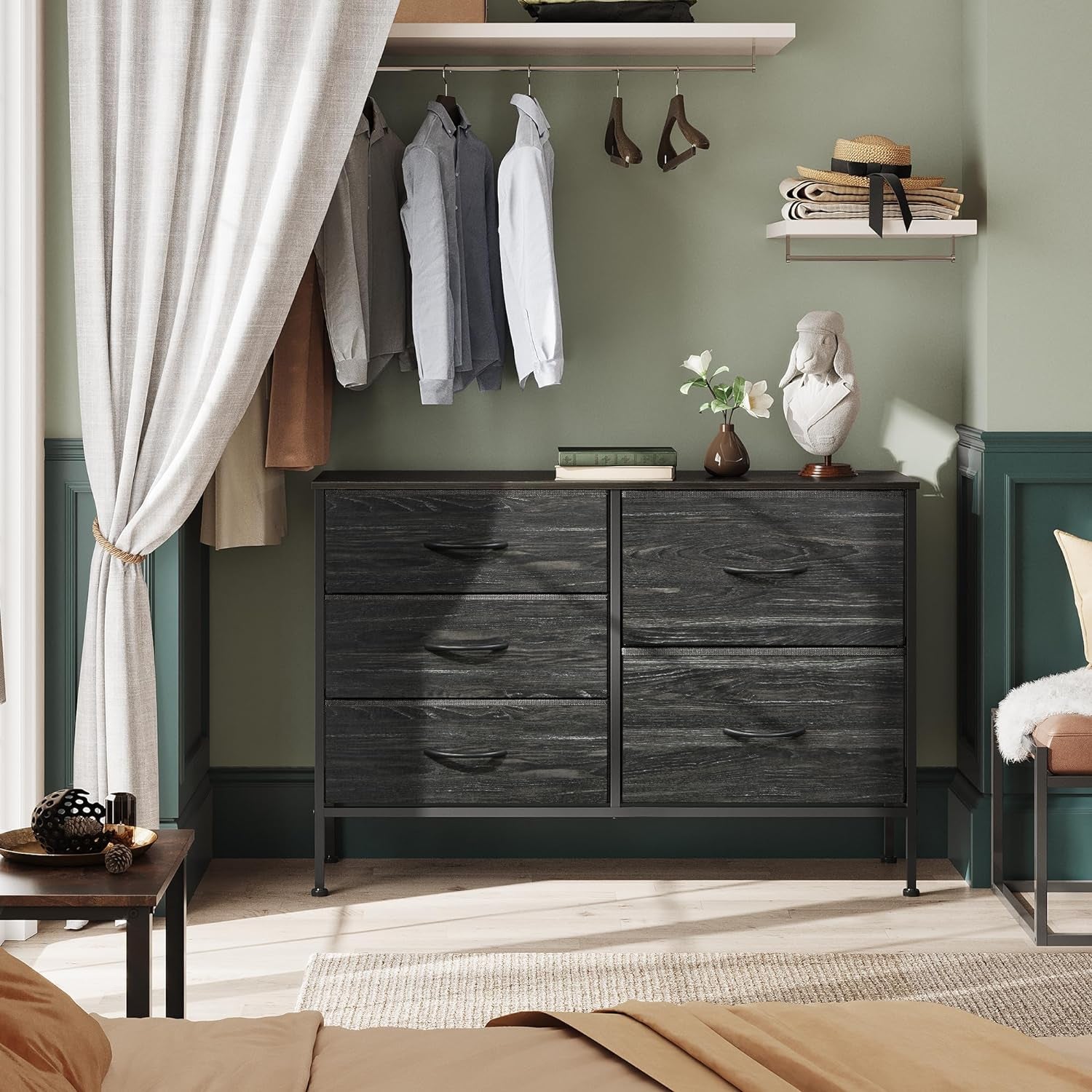 Dresser for Bedroom with 5 Drawers, Wide Dressers with Drawer Organizers, Chest of Drawers, Fabric Dresser for Living Room, Closet, Hallway, Charcoal Black Wood Grain Print