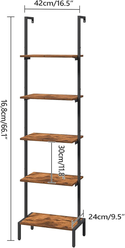 Ladder Shelf, 5-Tier Bookshelf, Ladder Bookcase with Wall Mount, Heavy Duty Industrial Style Storage Rack for Living Room, Office, Kitchen, Bedroom, Rustic Brown and Black LSHR5501