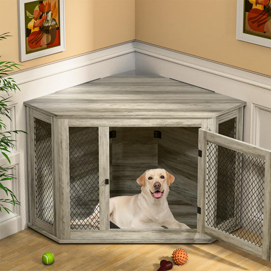 Coner Dog Crate Furniture, 52" Wooden Dog Kennel Furniture End Table with Mesh, Dog Kennel Indoor Furniture for Small Medium Large Dogs, Modern Decorative Wood Pet House Dog Cage Crate, Grey
