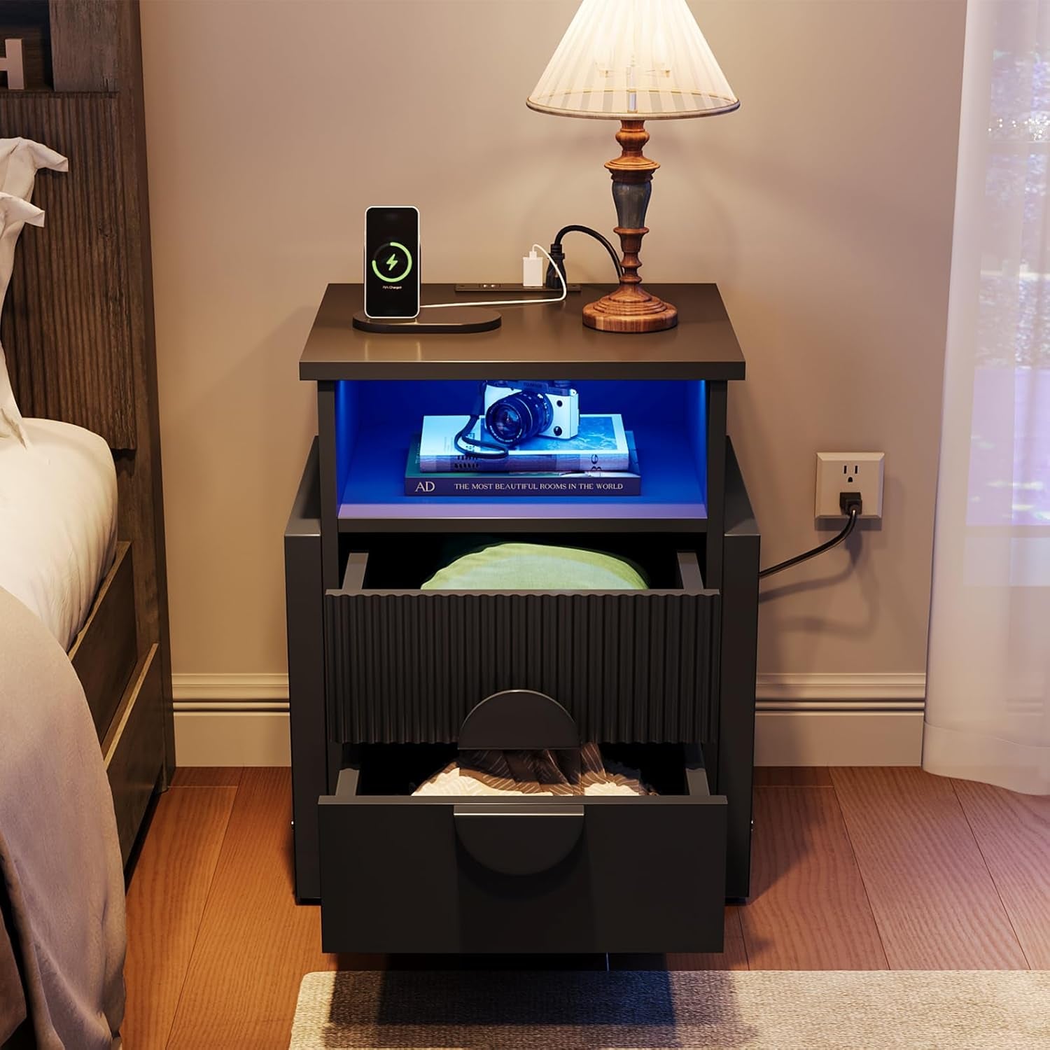 Set of 2 Fluted Nightstand with Charger Station Strip Lights, 20.47" W Night Stand with 2 Drawers, Large Accent Bed Side Table and End Table, Large Open Cubby, Raising H Legs,Black