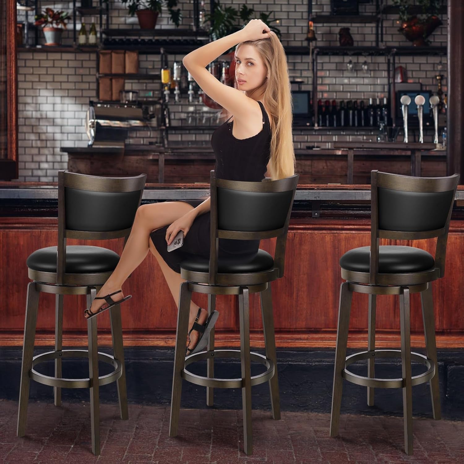Swivel Bar Stools Set of 2, 30 Inch Bar Height Barstools, Black Faux Leather Bar Stool with High Backrest & Solid Wood Legs & Wrap-Around Footrest, Counter Stools for Kitchen Island, Pub