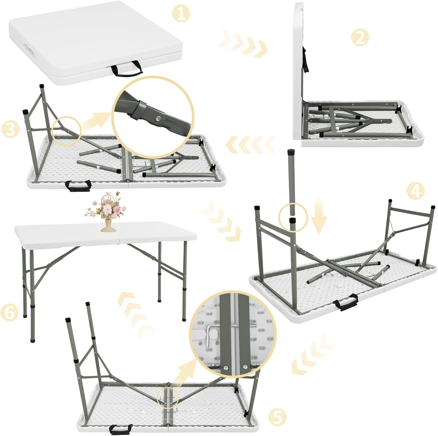 Folding Table 4FT Camping Table Portable Heavy Duty Plastic Rectangular Outdoor Dining Table Steel Legs Fold-In-Half with Carrying Handle for Indoor,Picnic,Party,Wedding,Events(White)