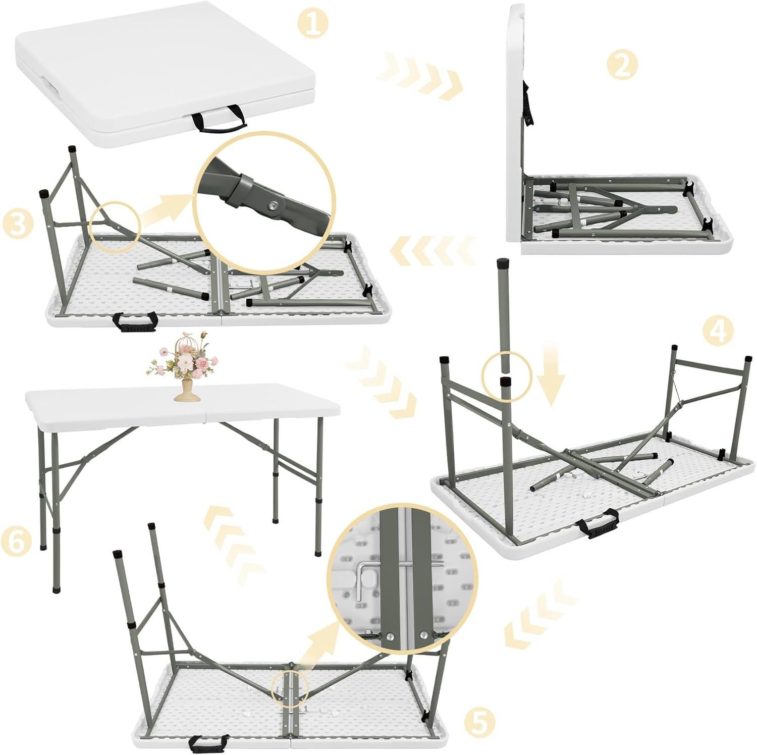 Folding Table 4FT Camping Table Portable Heavy Duty Plastic Rectangular Outdoor Dining Table Steel Legs Fold-In-Half with Carrying Handle for Indoor,Picnic,Party,Wedding,Events(White)