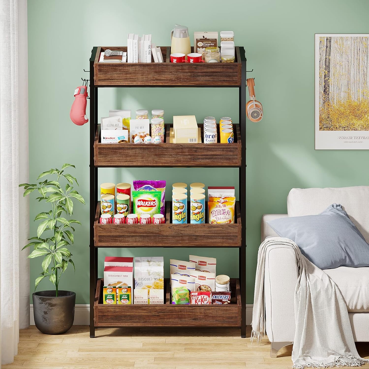 Wood Fruit and Vegetable Basket Stand Rack for Kitchen, Office, Store, Supremarket, Pantry Shelf Unit for Snacks, 4-Tier Wooden Utility Storage Shelves (Brown+Black)