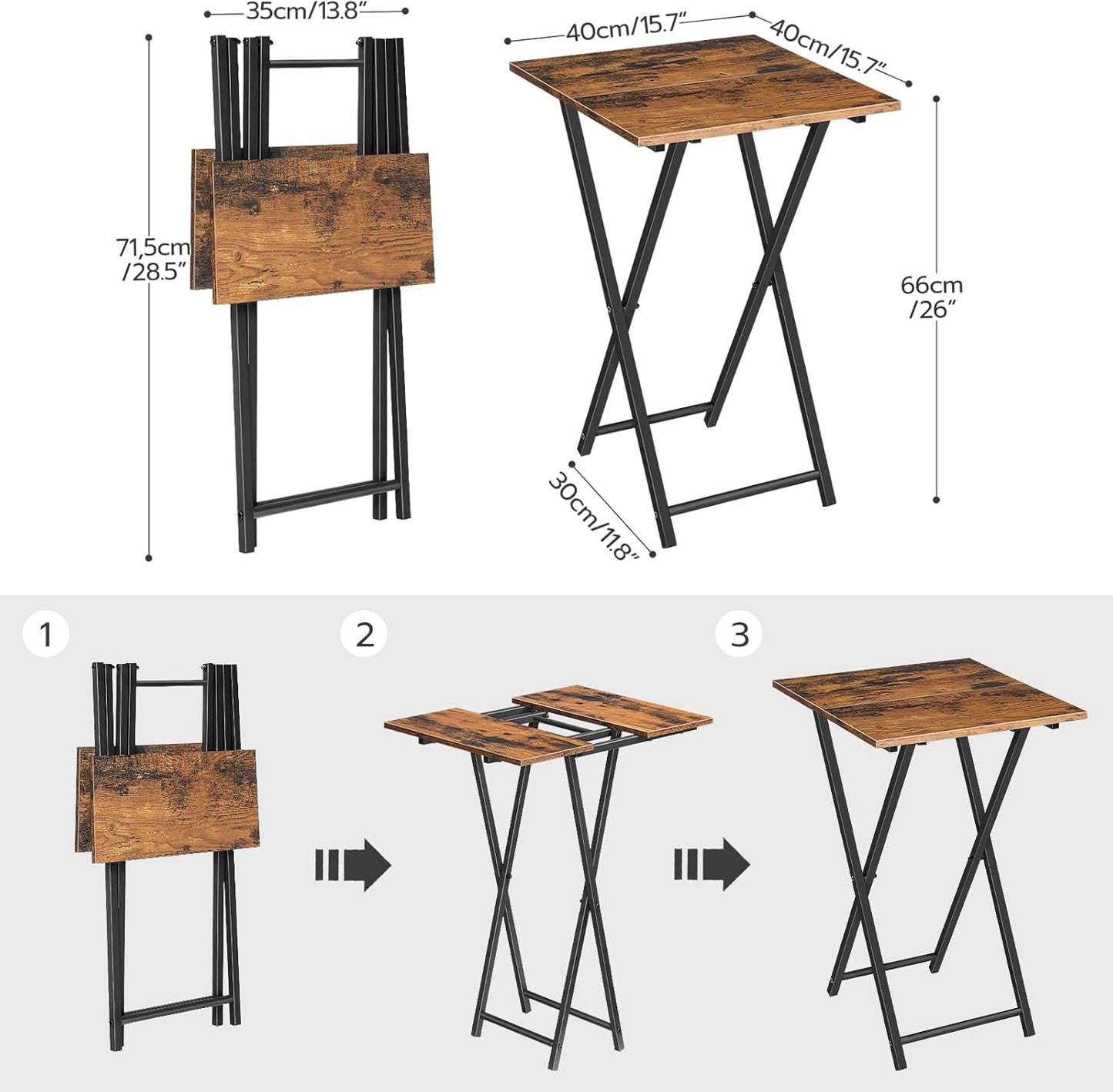 Folding TV Tray Table, Wooden TV Tray, Portable Sofa Side Table, Industrial Snack Table End Table for Small Spaces, Space-Saving, Easy to Install and Fold, Rustic Brown and Black BF27BZ01