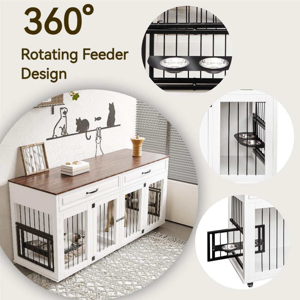 Double XL Dog Crate Furniture,Dog Crate Wooden Pet Kennel Cabinet with 2 Doors,Large Double Dog Kennel TV Stand with 360° Rotating Feeder & Wheels,Rolling Cage with 2 Storage Drawers,White+Walnut