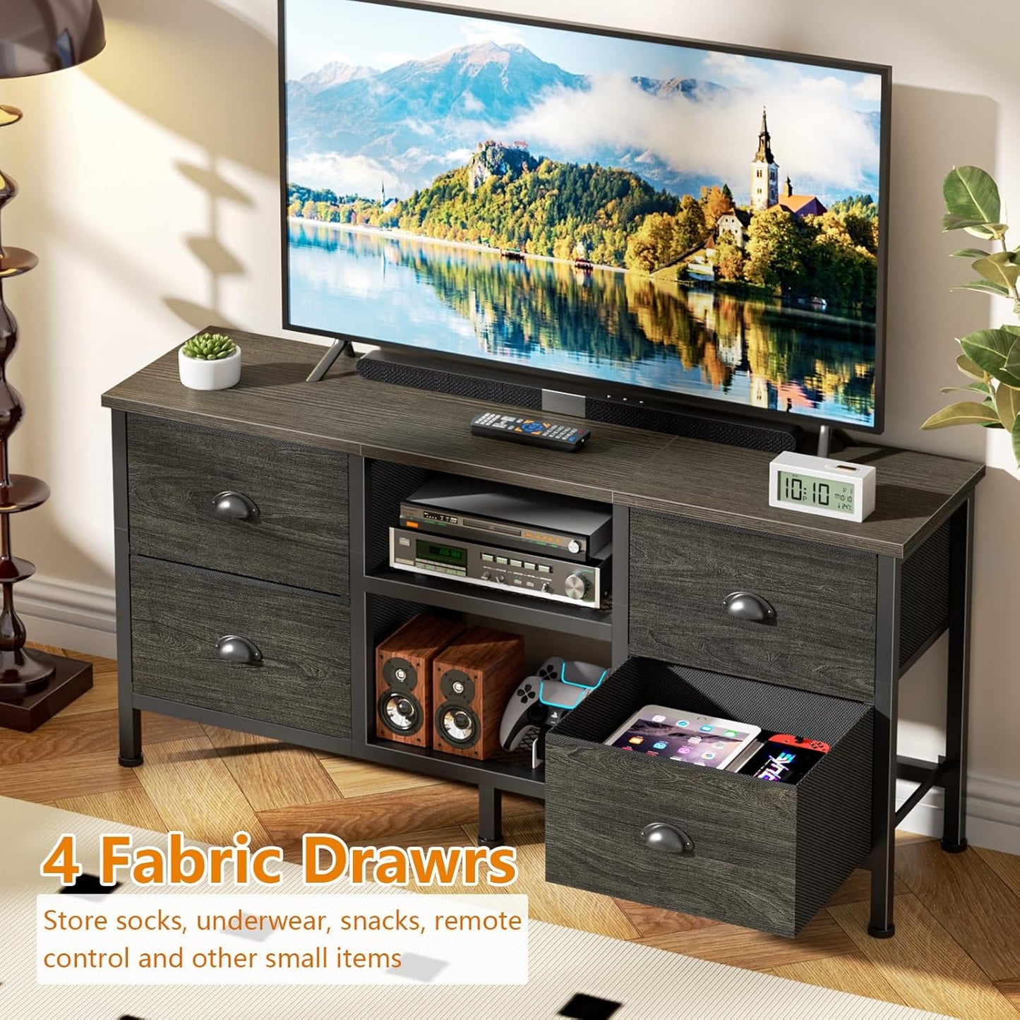 TV Stand with 4 Drawers, 43 Inch Entertainment Center with Open Shelves, Media Center for 50" TV, Television Stand for Bedroom, Living Room/Light Black Oak