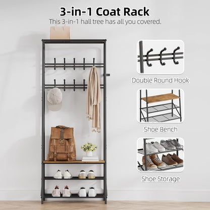 Coat Rack Shoe Bench with 8 Hooks, Hall Trees Entryway Bench with Storage, Multifunctional Hallway Organizer, Wood Look Accent Furniture with Metal Frame for Entryway, Living Room, Bedroom