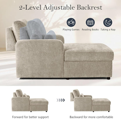 Chaise Lounge Chair Indoor with 2-Position Adjustable Backrest, Chenille Lounge Sofa Chairs with Storage Space & 2 Pillows, Modern Upholstered Reading Chair for Living Room, Bedroom, Office