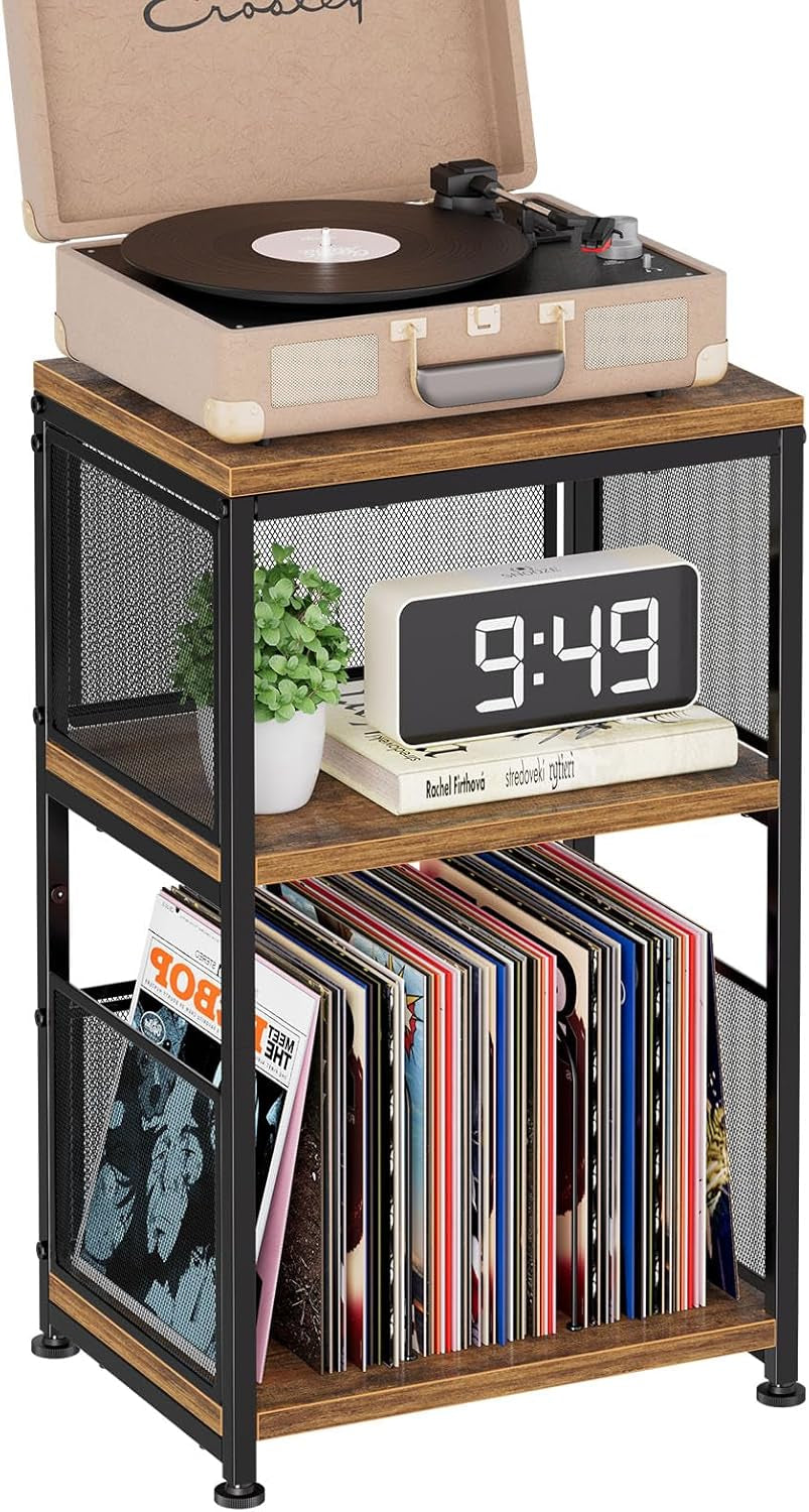 Record Player Stand, 3 Tiers Side Table, Turntable Stand with Vinyl Record Storage, Hold up to 100 Albums, Rustic Brown