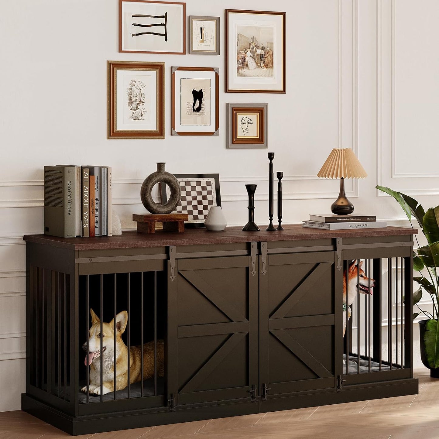 Dog Crate Furniture - Indoor Wooden Dog Kennel Furniture with Room Divider and Double Sliding Barn Doors - 71”X23.6”X31.5”H, Black