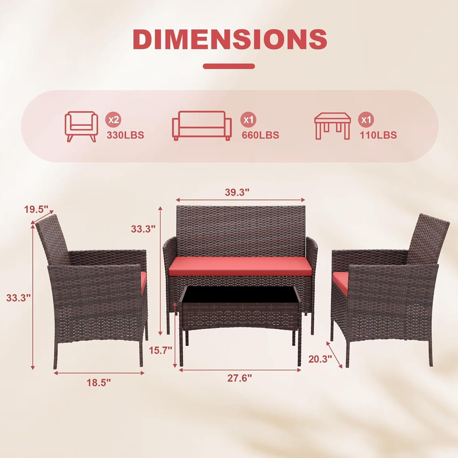Modern 4-Person Outdoor Bistro Set with Tempered Glass Table – Weather-Resistant PE Rattan & Iron Frame Patio Furniture, Thick Red & Brown Polyester Cushions for Garden, Balcony, Deck