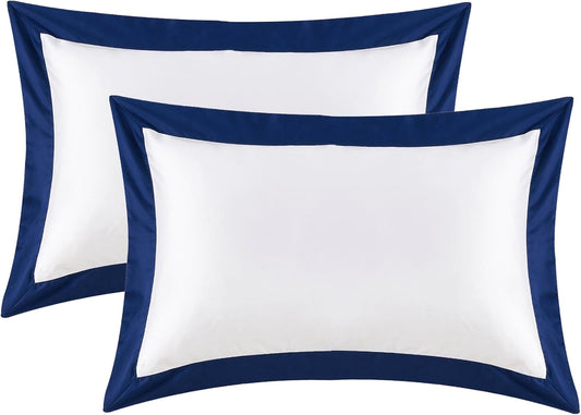 White Pillow Shams King Size Set of 2, 100% Cotton Hotel Luxury Decorative Pillow Sham with Navy Border, 400TC Sateen Weave Soft Smooth Breathable Elegant Pillowcases for Bedding, 20X36 Inches