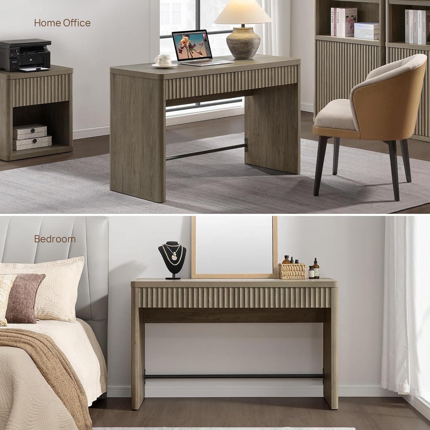 Office Computer Desk with 2 Drawers Modern Executive Writing Desk 48.8" Large Work Home Office Desks with Storage Fluted Makeup Vanity Table Study Table for Living Room Bedroom, Grey Alder