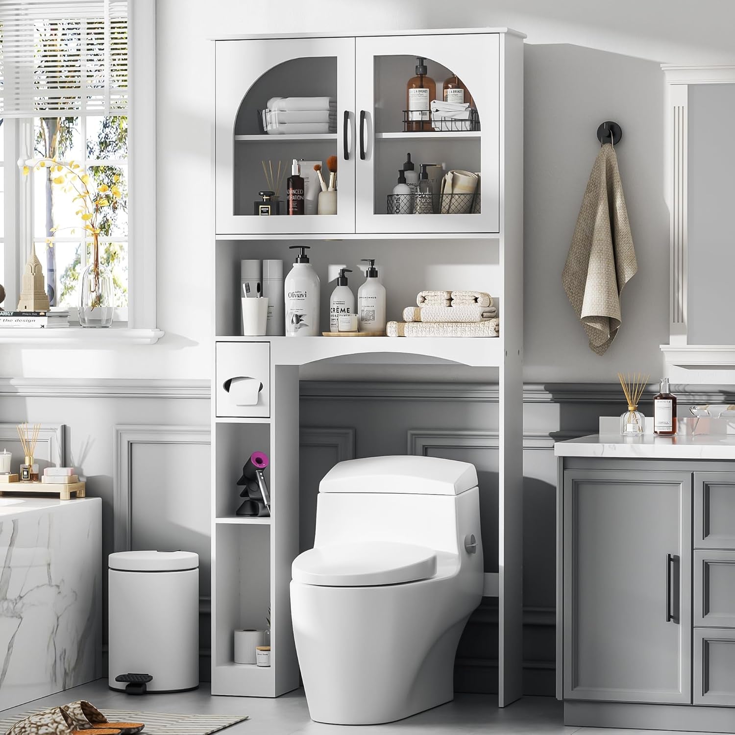 Over the Toilet Storage Cabinet, Bathroom Organizer over Toilet with Glass Doors, Storage Organizer Cabinet with Anti-Tip Device and Adjustable Shelf for Bathroom, White