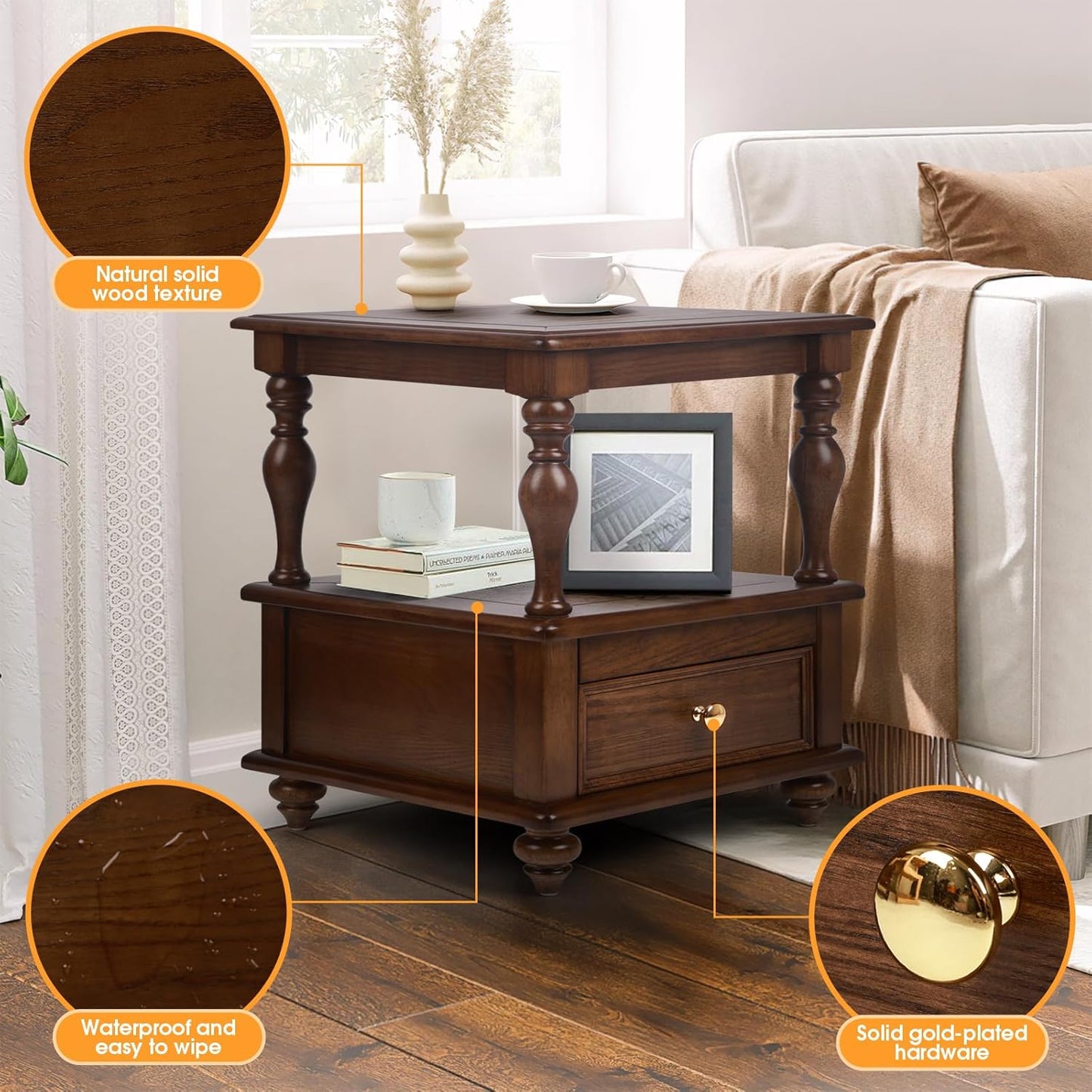 Vintage Square End Table with 1 Drawer and 2 Hidden Compartments, 2 Tier Side Table with Storage Shelves, Solid Wood Nightstand for Small Space, Walnut