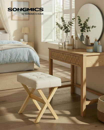 Makeup Stool, Padded Vanity Stool, Foot Rest, Solid Wood X Legs, for Bedroom, Closet, Entryway, 12.6 X 16.5 X 18.1 Inches, Summer Sand and Natural Beige ULSF006LF02
