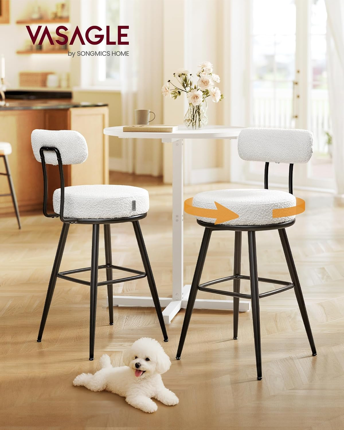 360° Swivel Bar Stools Set of 2, Counter Height Bar Stools with Back, Boucle Fabric, Contemporary Modern, 25.4 Inch Tall, Kitchen and Home Bar, Cloud White ULBC130W01V1