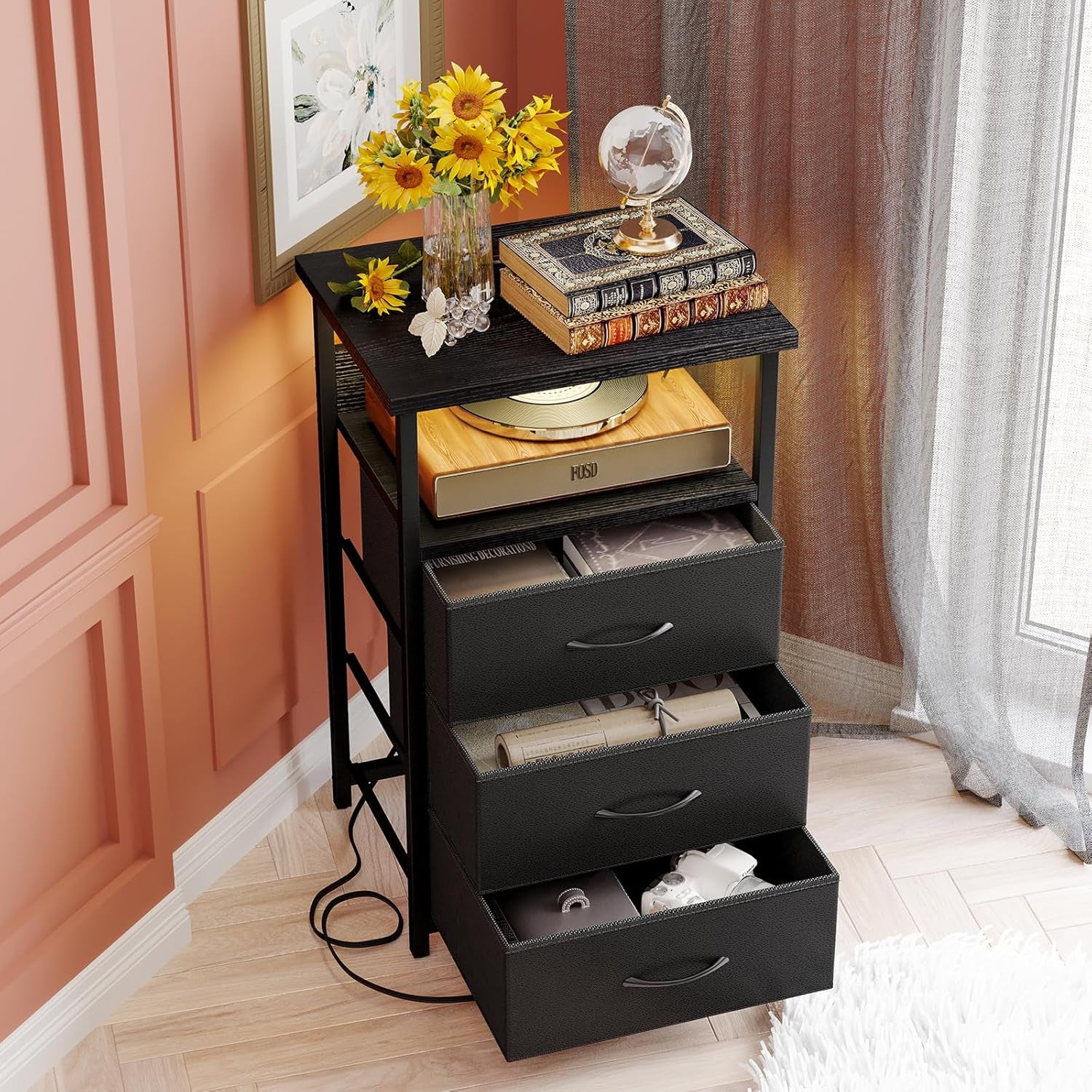 Night Stand with Charging Station, LED Nightstand with U-S-B Ports and Outlets, 3 Fabric Storage Drawers with PU Finish, Bedside Table, Black