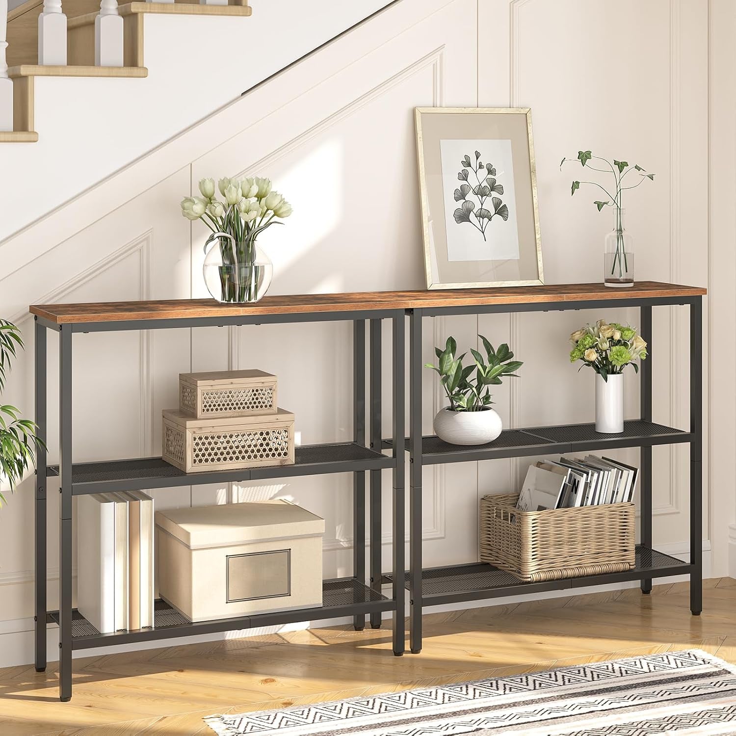 29.5" Narrow Console Table, 3-Tier Entryway Table, Thin Sofa Table with Shelves, Side Table, Display Table, for Hallway, Entrance, Living Room, Bedroom, Rustic Brown and Black BF73XG01