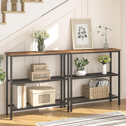 29.5" Narrow Console Table, 3-Tier Entryway Table, Thin Sofa Table with Shelves, Side Table, Display Table, for Hallway, Entrance, Living Room, Bedroom, Rustic Brown and Black BF73XG01