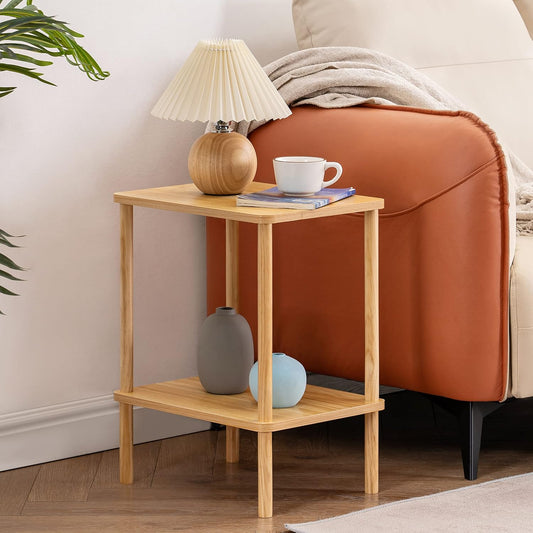 2 Tier End Table, Small Side Table with Solid Wood Legs, Boho Bedside Table with Storage Shelf, Nightstand for Small Spaces, Bedroom, Living Room, Entryway, Farmhouse, Easy Assembly, Natural